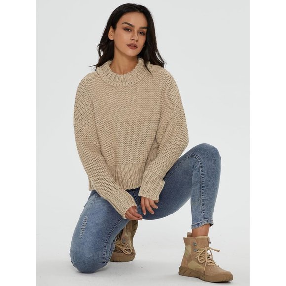 Women's Crewneck Chunky Knit Batwing Long Sleeve Loose Pullover Sweaters Tops - Picture 6 of 6